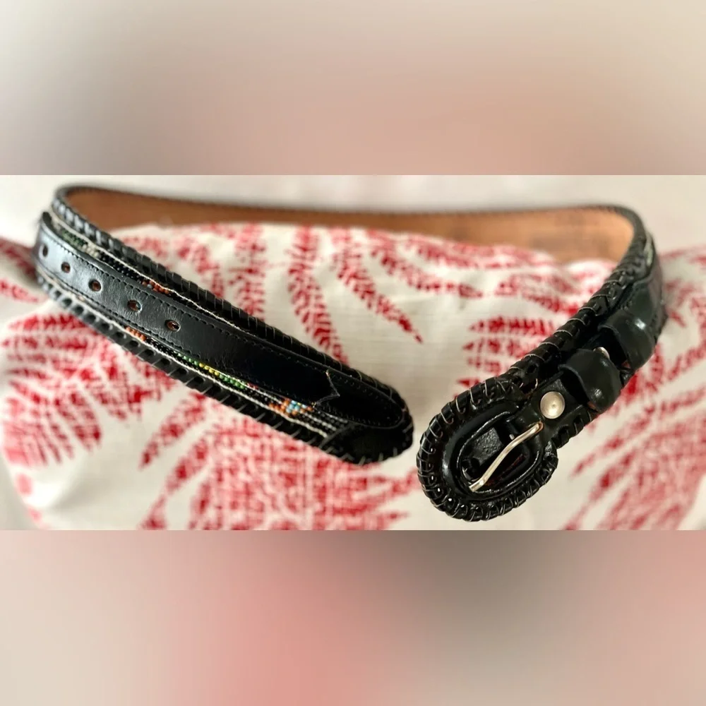 Vintage Belt Leather Beaded Native American Black MultiColor Size Small Navajo